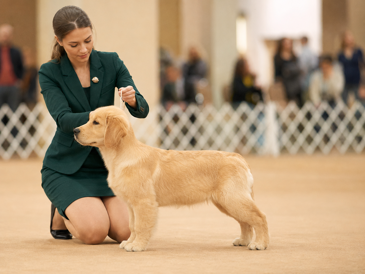 Młody golden retriever prezentowany na wystawie