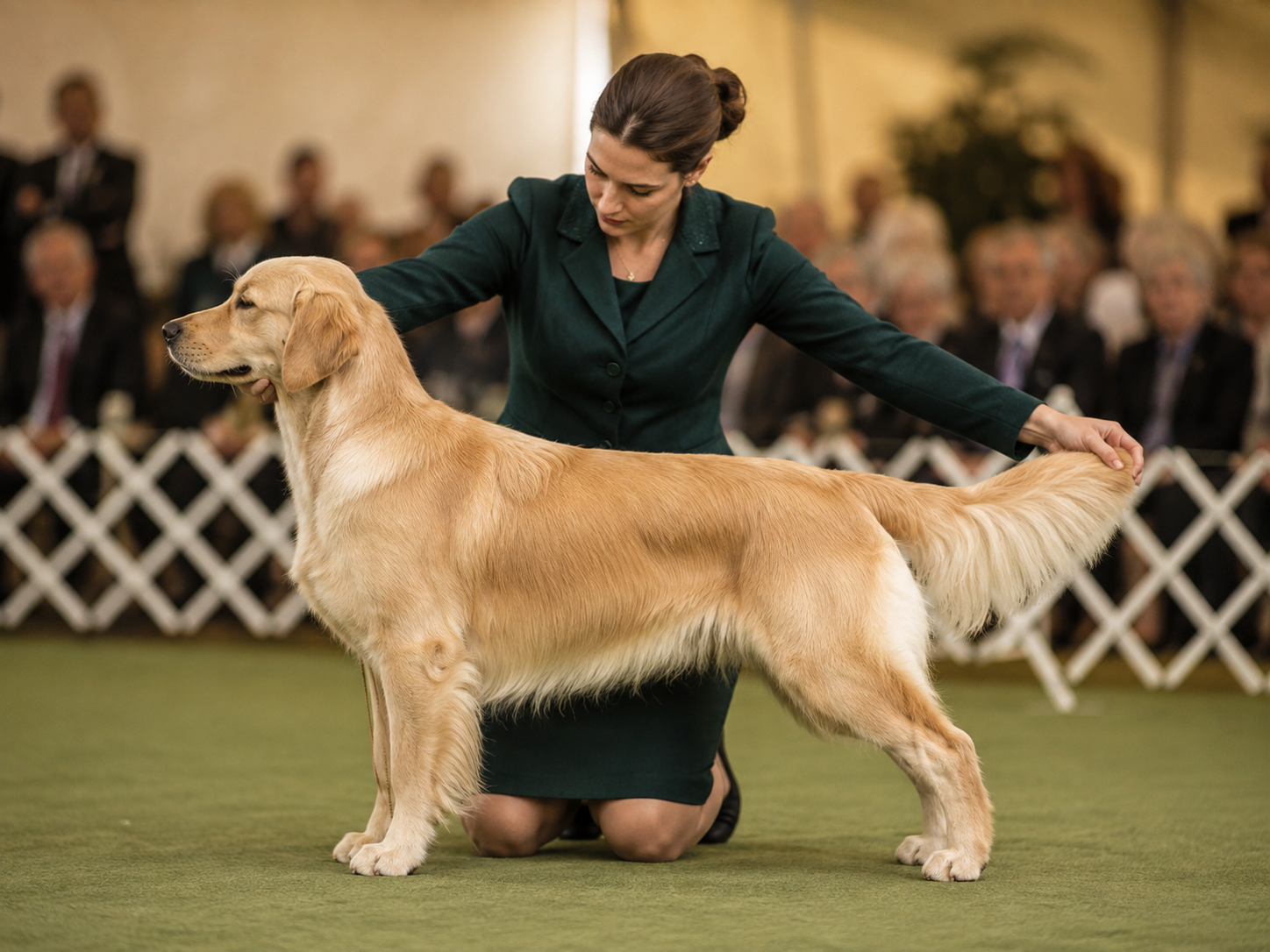 Golden retriever ustawiony do oceny w statyce