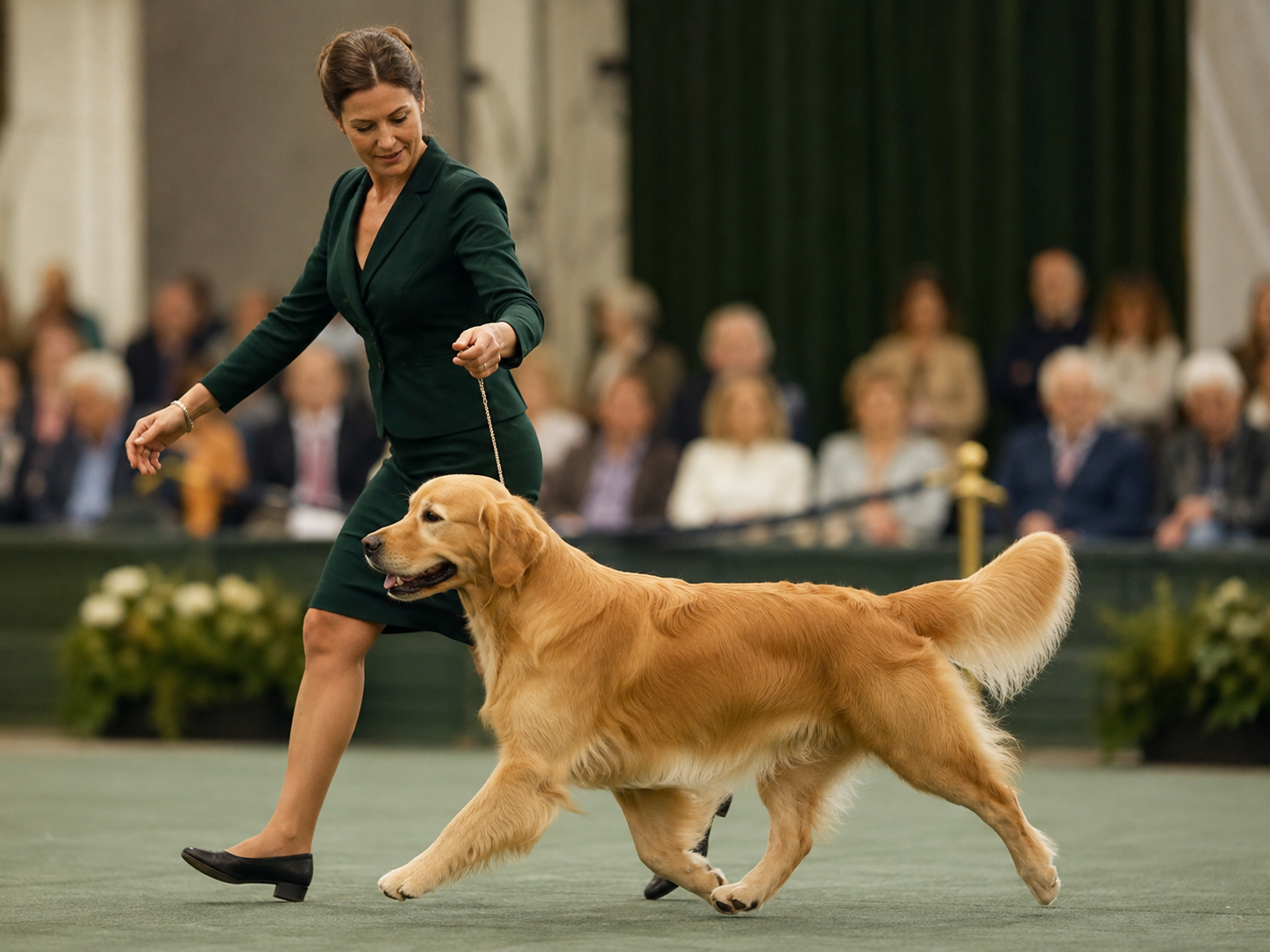 Golden retriever biegnący z handlerem po ringu