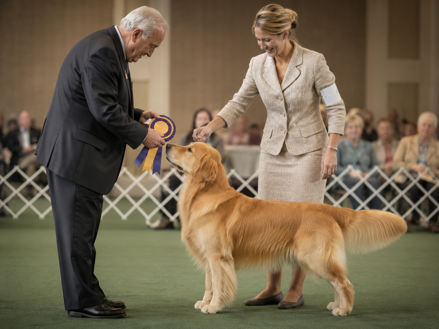 Golden retriever odbierający nagrodę na wystawie