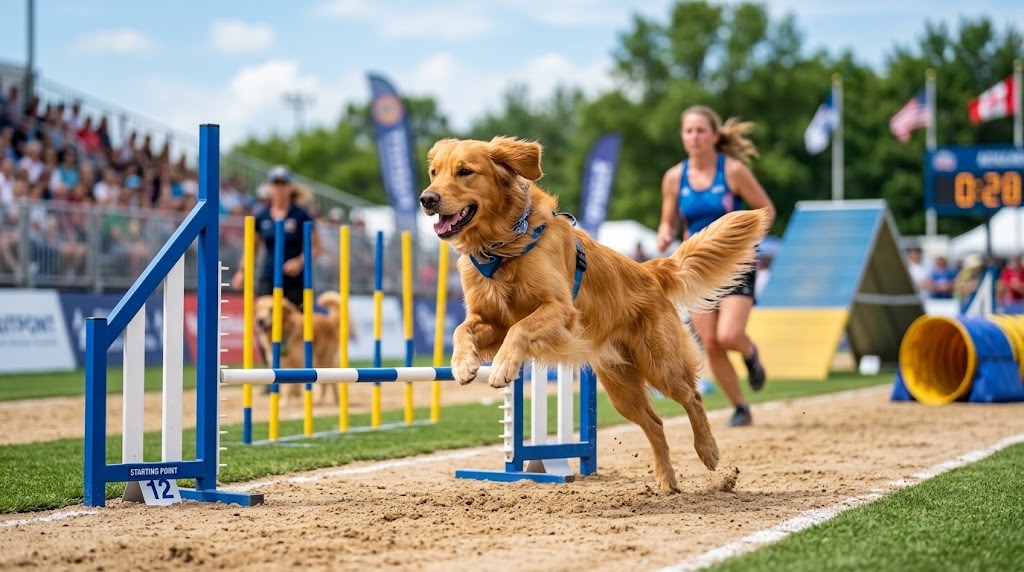 Golden Retriever podczas biegu na torze agility z przewodnikiem w tle