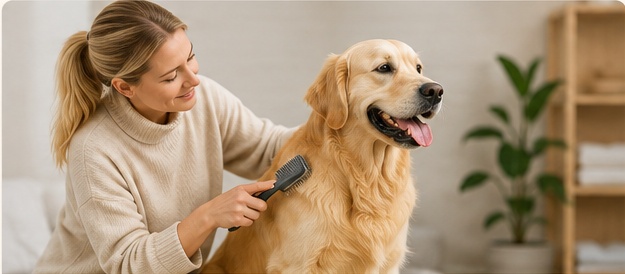Człowiek szczotkujący i pielęgnujący sierść Golden Retrievera