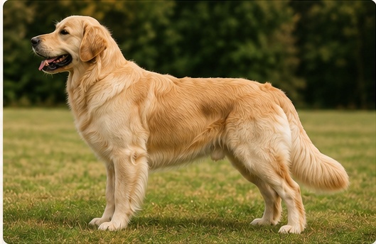 Dorosły Golden Retriever pokazany w pełnej sylwetce — budowa, proporcje i szata