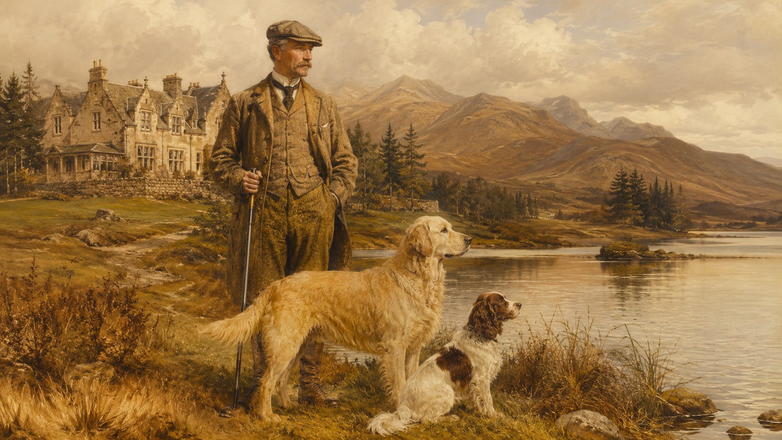 Historyczna scena w szkockim majątku Guisachan z Golden Retrieverem