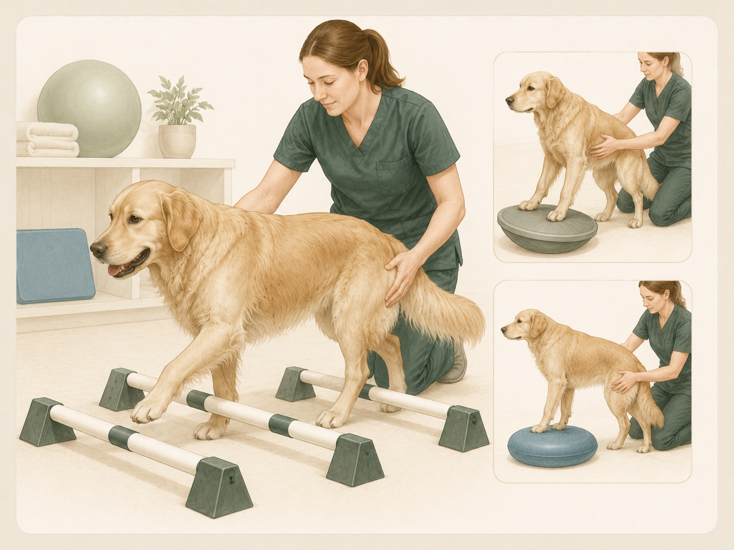 Golden Retriever podczas kontrolowanych ćwiczeń rehabilitacyjnych wspierających sprawność stawów