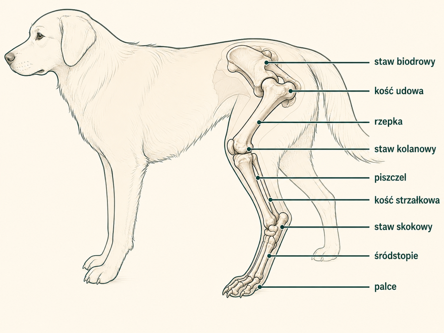 Anatomia kończyny tylnej psa z polskimi podpisami: staw biodrowy, kość udowa, rzepka, staw kolanowy, piszczel, kość strzałkowa, staw skokowy, śródstopie i palce