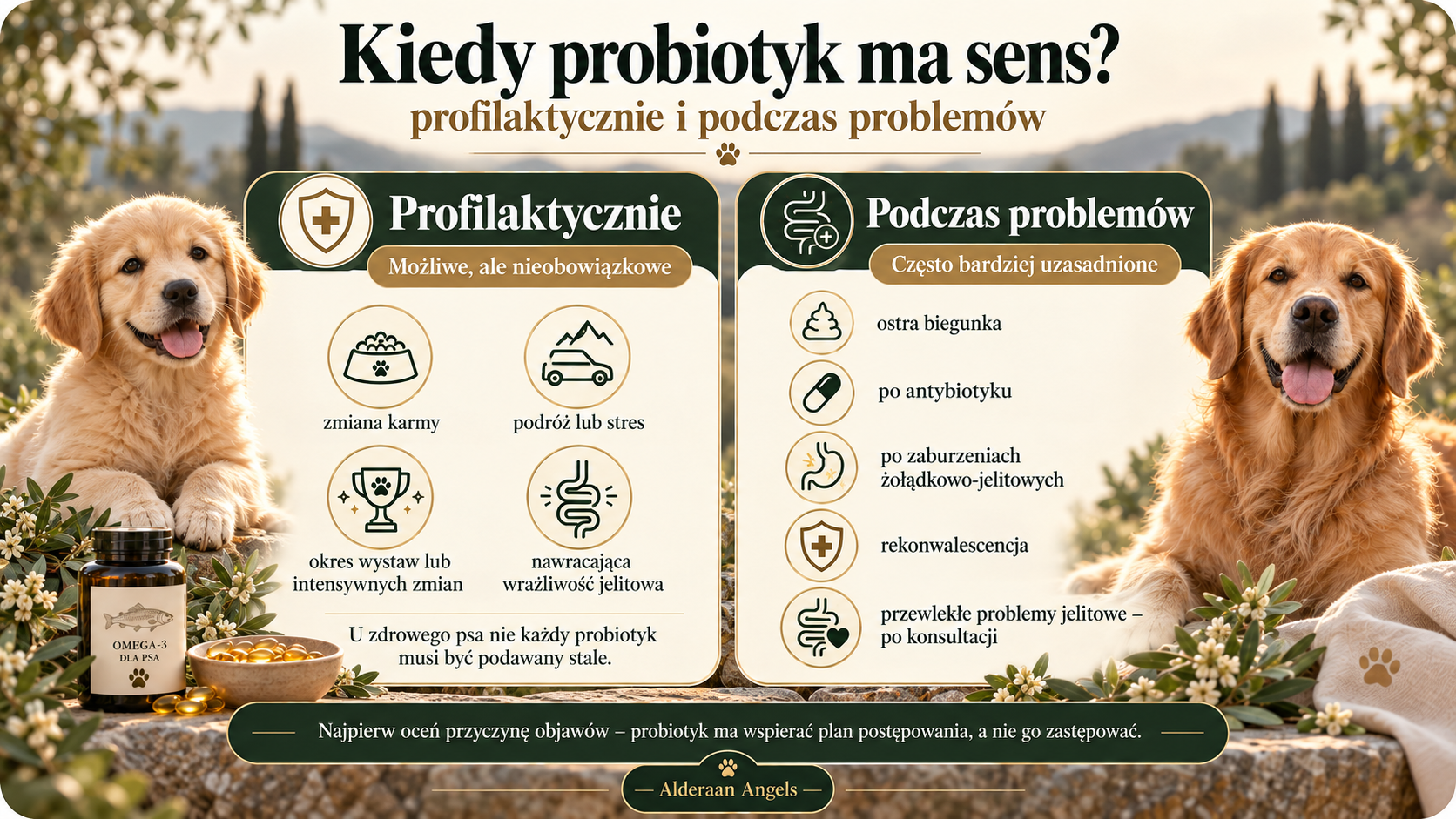 Infografika: kiedy probiotyk ma sens – profilaktycznie i podczas problemów jelitowych.