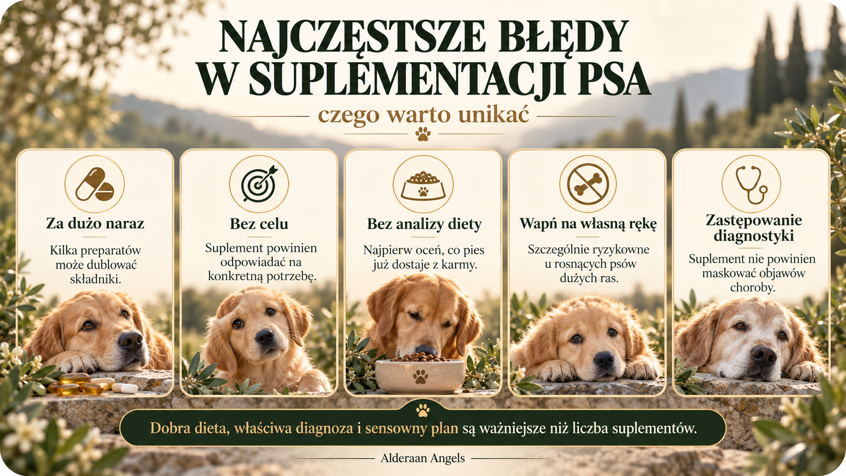 Infografika: najczęstsze błędy w suplementacji psa.