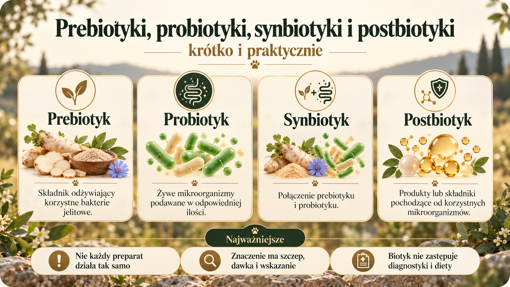Infografika: prebiotyki, probiotyki, synbiotyki i postbiotyki – krótkie porównanie.