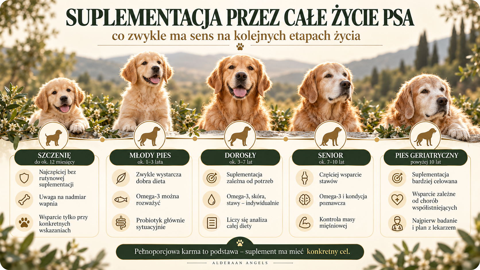 Infografika: suplementacja przez całe życie psa – od szczenięcia do psa geriatrycznego.