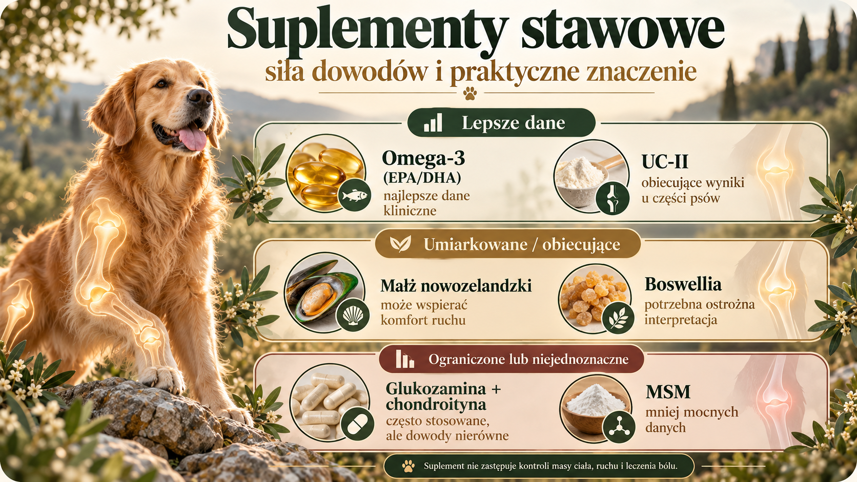 Infografika: suplementy stawowe dla psów – siła dowodów i praktyczne znaczenie.