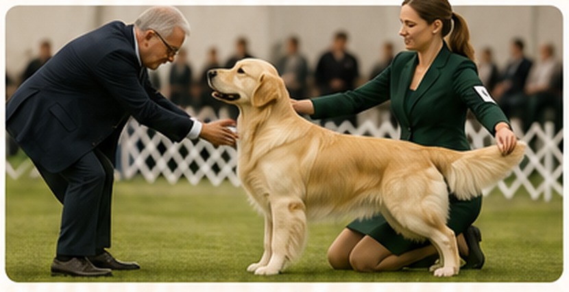Golden retriever prezentowany sędziemu w pozycji stojącej