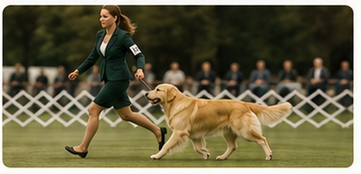Golden retriever biegnący z handlerem na ringu wystawowym