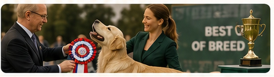 Sędzia wręcza handlerowi rozetę po ocenie golden retrievera